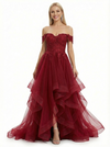 Fancy Off-the-Shoulder Prom Dress Tiered Ruffle Tulle High Low Style Formal Evening Gown