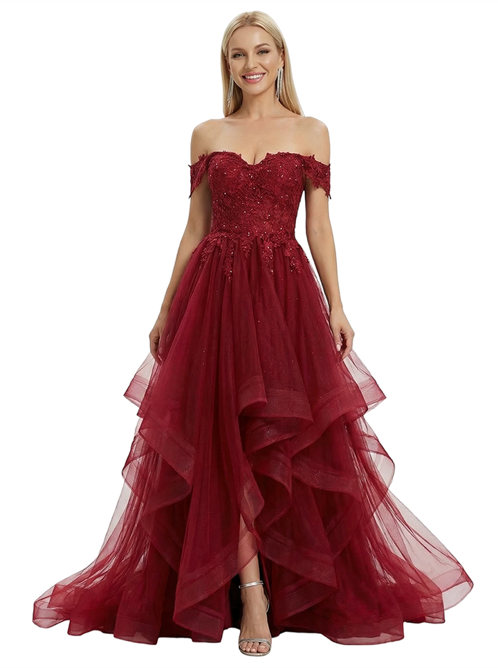 ChicSew Fancy Off Shoulder Prom Dress Lace Applique Tiered Tulle Ball Gown Formal Evening Wear