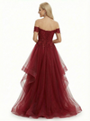Fancy Off-the-Shoulder Prom Dress Tiered Ruffle Tulle High Low Style Formal Evening Gown