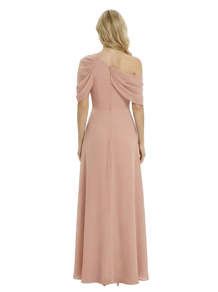 Chicsew Unique Mother of The Groom Dress Asymmetric Short Sleeve A-Line Floor Length Chiffon Modern Flowy Formal Dress
