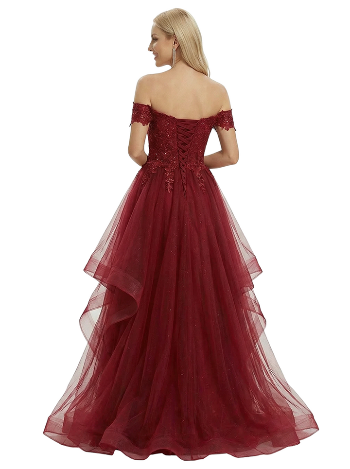 ChicSew Fancy Off Shoulder Prom Dress Lace Applique Tiered Tulle Ball Gown Formal Evening Wear