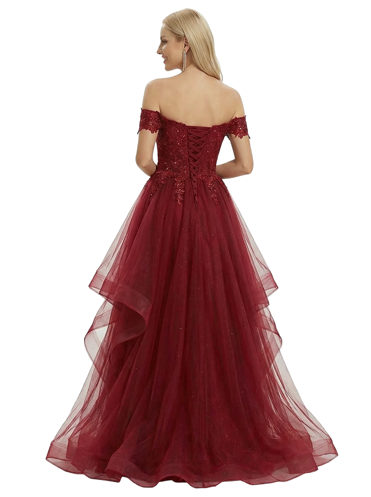 ChicSew Fancy Off Shoulder Prom Dress Lace Applique Tiered Tulle Ball Gown Formal Evening Wear