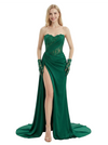 Sexy Strapless Prom Dress High Slit Ruched Satin Mermaid Formal Gown