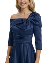 Mother of The Groom Gown Off Shoulder Long Sleeve Bow Satin Tea-Length A-Line Dress Trendy Wedding Guest Attire