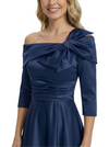 Mother of The Groom Gown Off Shoulder Long Sleeve Bow Satin Tea-Length A-Line Dress Trendy Wedding Guest Attire