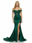 Classy Off The Shoulder Prom Dress High Slit Satin Mermaid Formal Party Gown