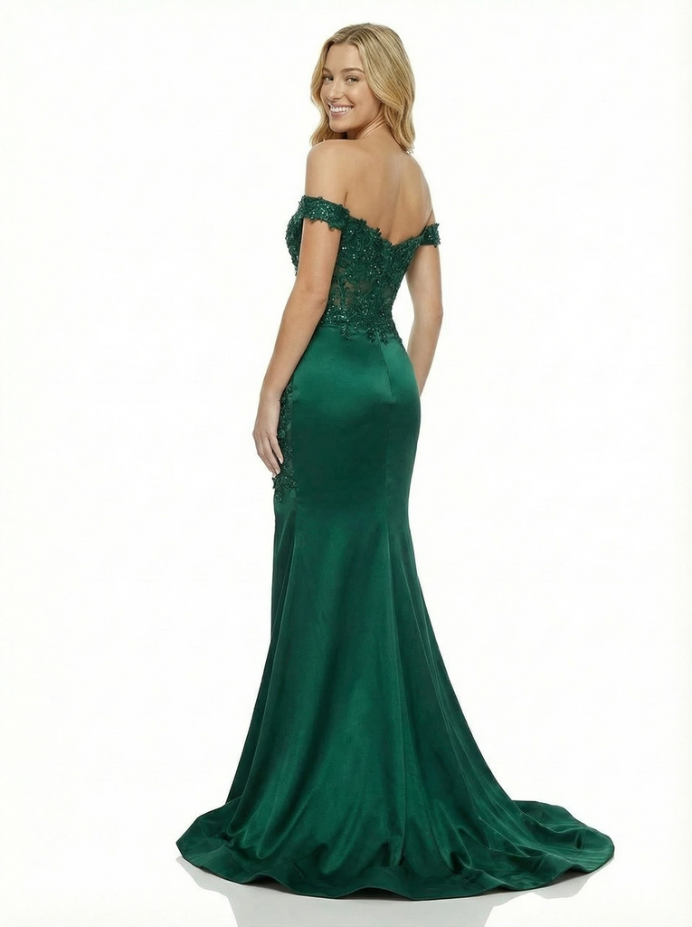 Classy Off The Shoulder Prom Dress High Slit Satin Mermaid Formal Party Gown