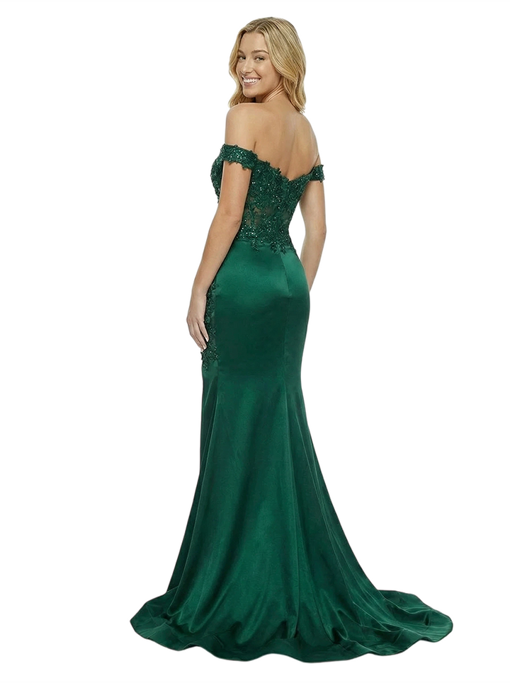 ChicSew Elegant Satin Off Shoulder Mermaid Lace Corset Formal Prom Dresses Slit