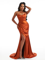 Sexy One Shoulder Mermaid Soft Satin Boning Side Slit Unique Long Bridesmaid Dresses