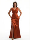 Ladies Mermaid V-Neck Ruched Silky Satin Formal Floor Length Evening Dresses Side Slit
