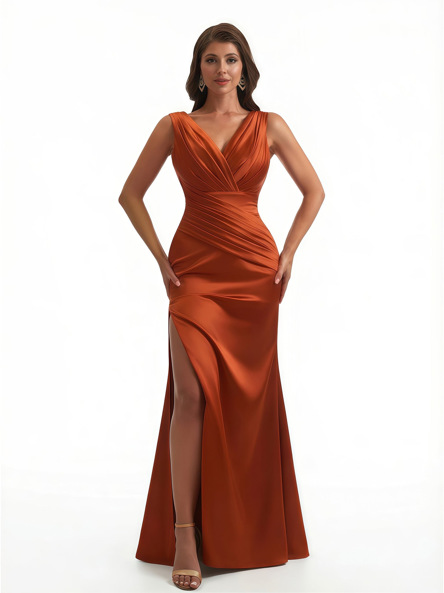 Ladies Mermaid V-Neck Ruched Silky Satin Formal Floor Length Evening Dresses Side Slit