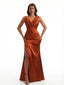 Ladies Mermaid V-Neck Ruched Silky Satin Formal Floor Length Evening Dresses Side Slit
