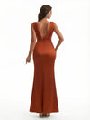 Ladies Mermaid V-Neck Ruched Silky Satin Formal Floor Length Evening Dresses Side Slit