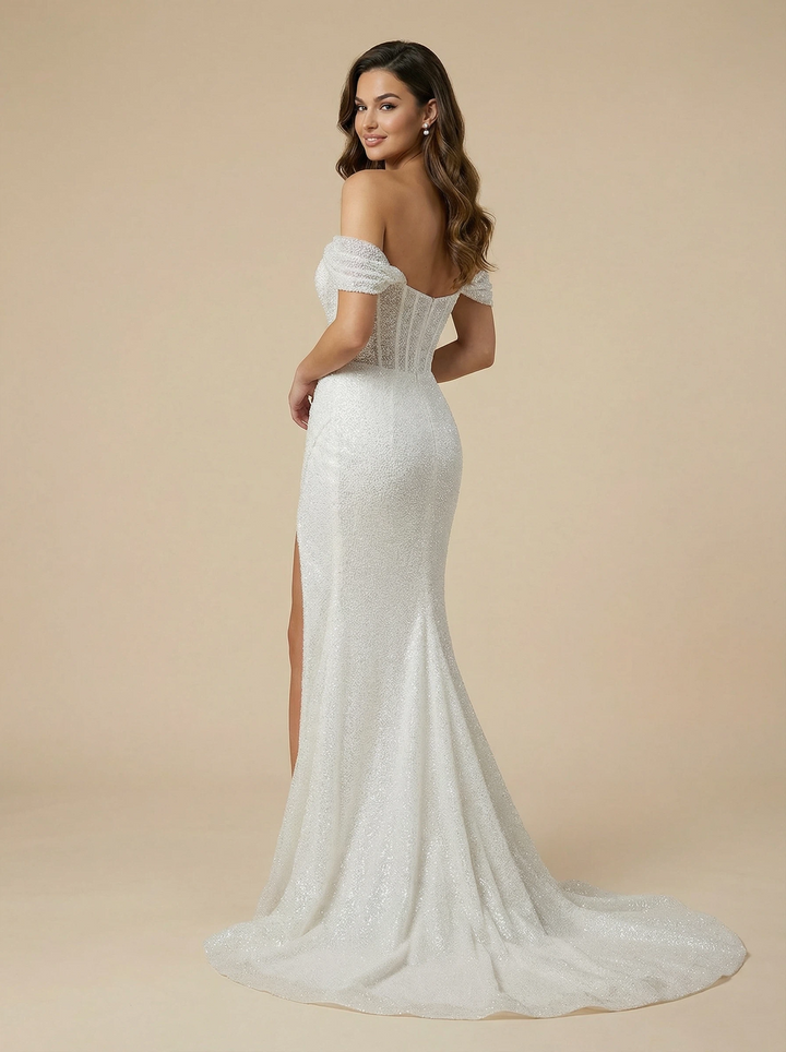 Mermaid Off Shoulder Side Slit Ruched Maxi Long Sequin Wedding Dresses Online