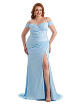Plus Size Sexy Side Slit Cold Shoulder Mermaid Soft Satin Long Maid of Honor Dresses