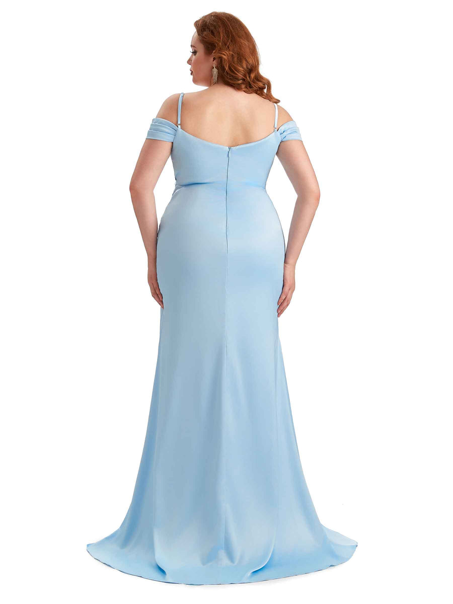 Plus Size Sexy Side Slit Cold Shoulder Mermaid Soft Satin Long Maid of Honor Dresses