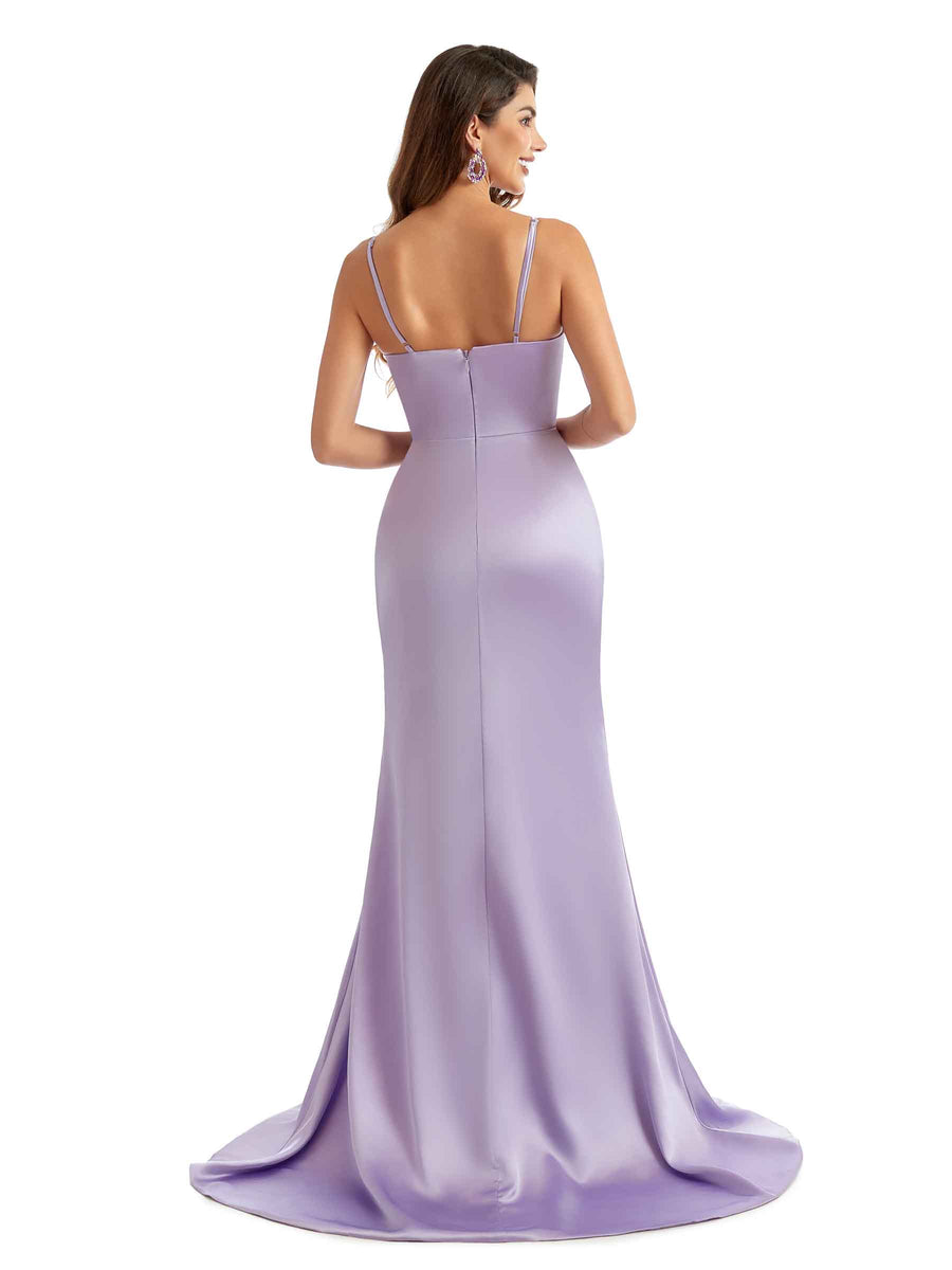 Elegant Spaghetti Straps Side Split Mermaid Ruched Satin Pretty Long Bridesmaid Dresses
