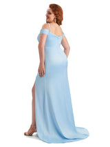 Plus Size Sexy Side Slit Cold Shoulder Mermaid Soft Satin Long Maid of Honor Dresses