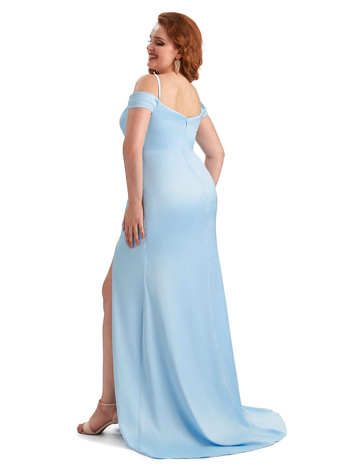Plus Size Sexy Side Slit Cold Shoulder Mermaid Soft Satin Long Maid of Honor Dresses