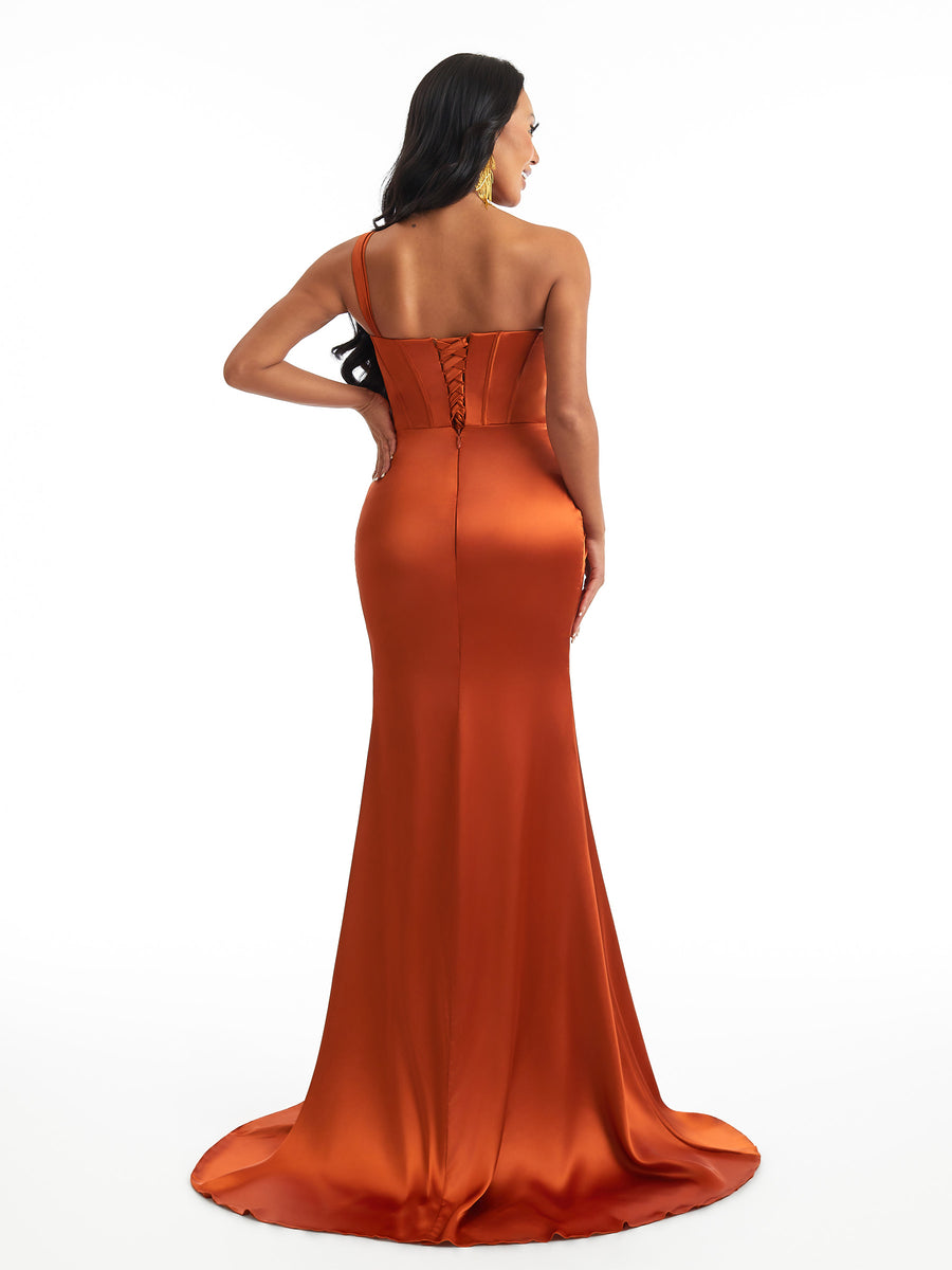Sexy One Shoulder Mermaid Soft Satin Boning Side Slit Unique Long Bridesmaid Dresses