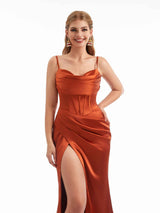 Sexy Side Split Spaghetti Straps Mermaid Silky Satin Pretty Long Bridesmaid Dresses