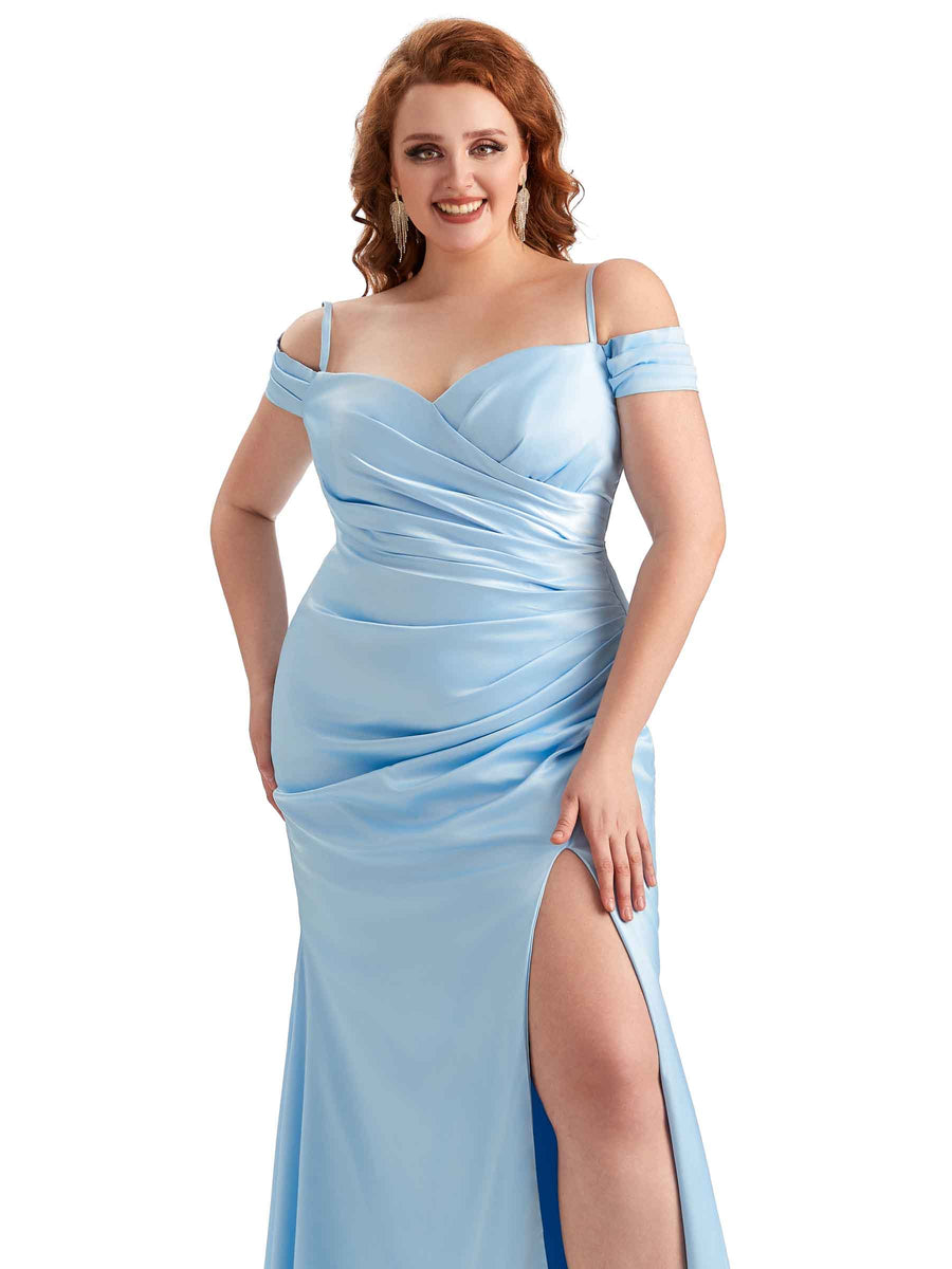 Plus Size Sexy Side Slit Cold Shoulder Mermaid Soft Satin Long Maid of Honor Dresses