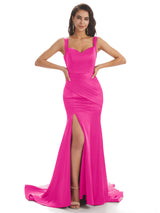 Sexy Soft Satin Side Slit Straps Square Floor-Length Mermaid Bridesmaid Dresses In Stock