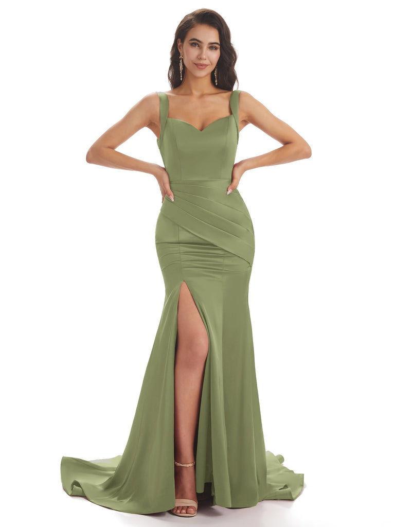 Sexy Soft Satin Side Slit Straps Square Floor-Length Mermaid Bridesmaid Dresses In Stock
