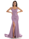 Sexy Soft Satin Side Slit Straps Square Floor-Length Mermaid Bridesmaid Dresses In Stock