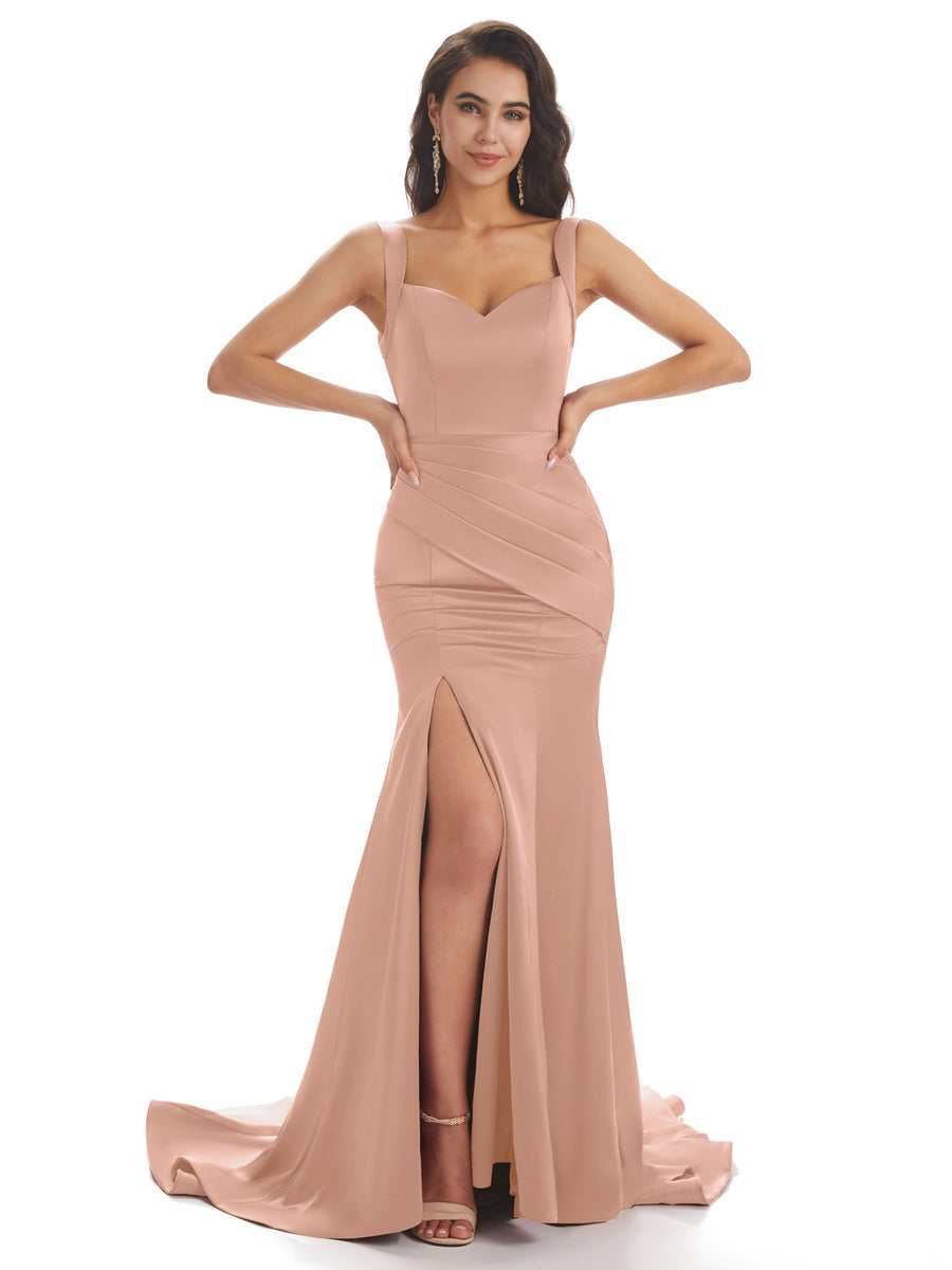 Sexy Soft Satin Side Slit Straps Square Floor-Length Mermaid Bridesmaid Dresses In Stock