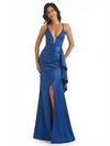 Trendy Ruffle Silky Satin Mermaid Long Evening Gown Dresses For Women Slit Spaghetti Straps