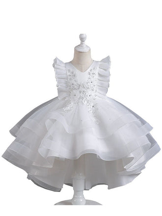 Elegant Luxury with Bow Flower Girls Dress Tulle Princess Gown for Wedding Kids