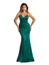 Elegant Spaghetti Straps V-Neck Mermaid Silky Satin Long Formal Dresses For Women