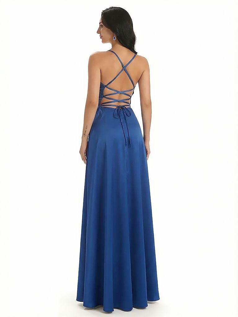 Trendy Ruffle Silky Satin Mermaid Long Evening Gown Dresses For Women Slit Spaghetti Straps