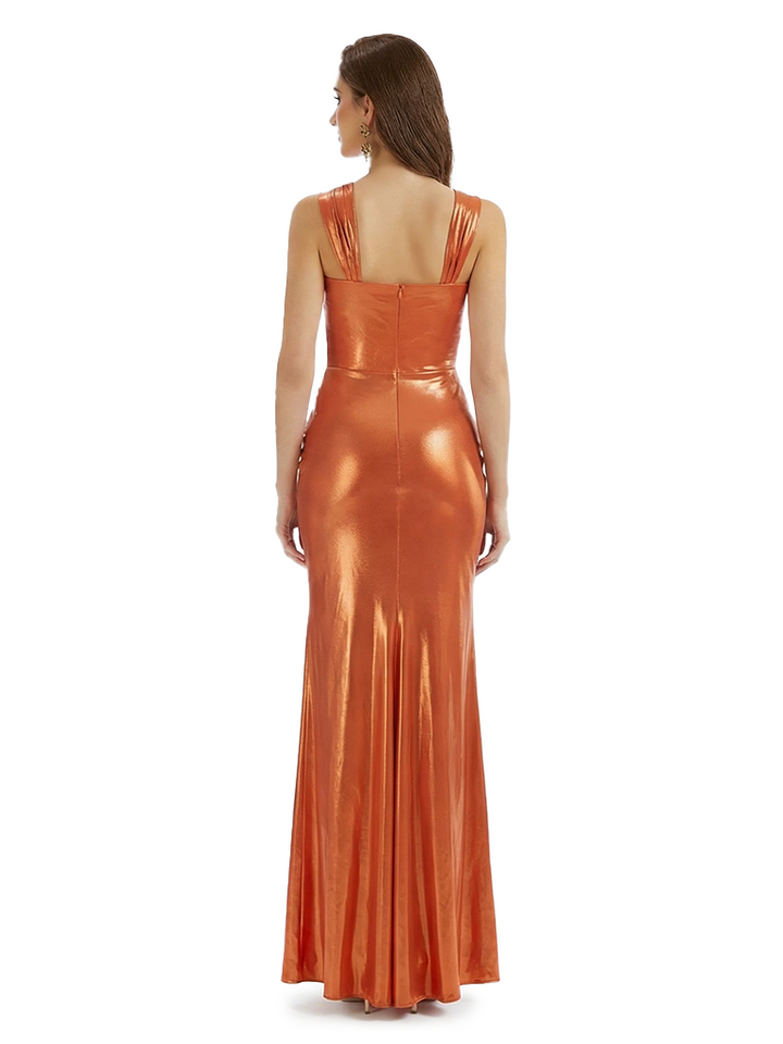 Sexy Asymmetric Straps Mermaid Metallic Shiny Fabric Long Formal Dresses Side Slit