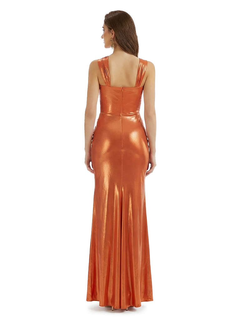 Sexy Asymmetric Straps Mermaid Metallic Shiny Fabric Long Formal Dresses Side Slit