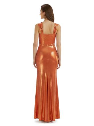 Sexy Asymmetric Straps Mermaid Metallic Shiny Fabric Long Formal Dresses Side Slit