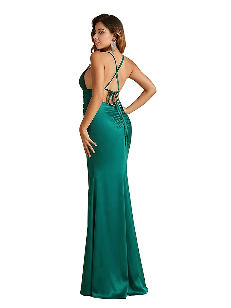 Elegant Spaghetti Straps V-Neck Mermaid Silky Satin Long Formal Dresses For Women