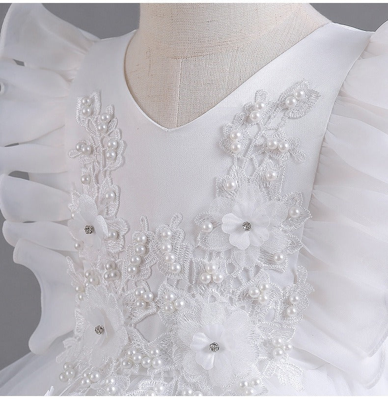 Elegant Luxury with Bow Flower Girls Dress Tulle Princess Gown for Wedding Kids
