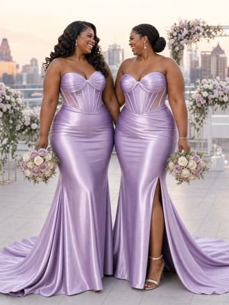 ChicSew Sweetheart Mermaid Side Slit Boning Satin Long Bridesmaid Dresses
