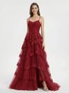 Modern Spaghetti Strap Prom Dress Tiered Lace Ruffle A-Line Tulle Long Formal Gown