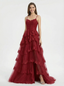 Modern Spaghetti Strap Prom Dress Tiered Lace Ruffle A-Line Tulle Long Formal Gown
