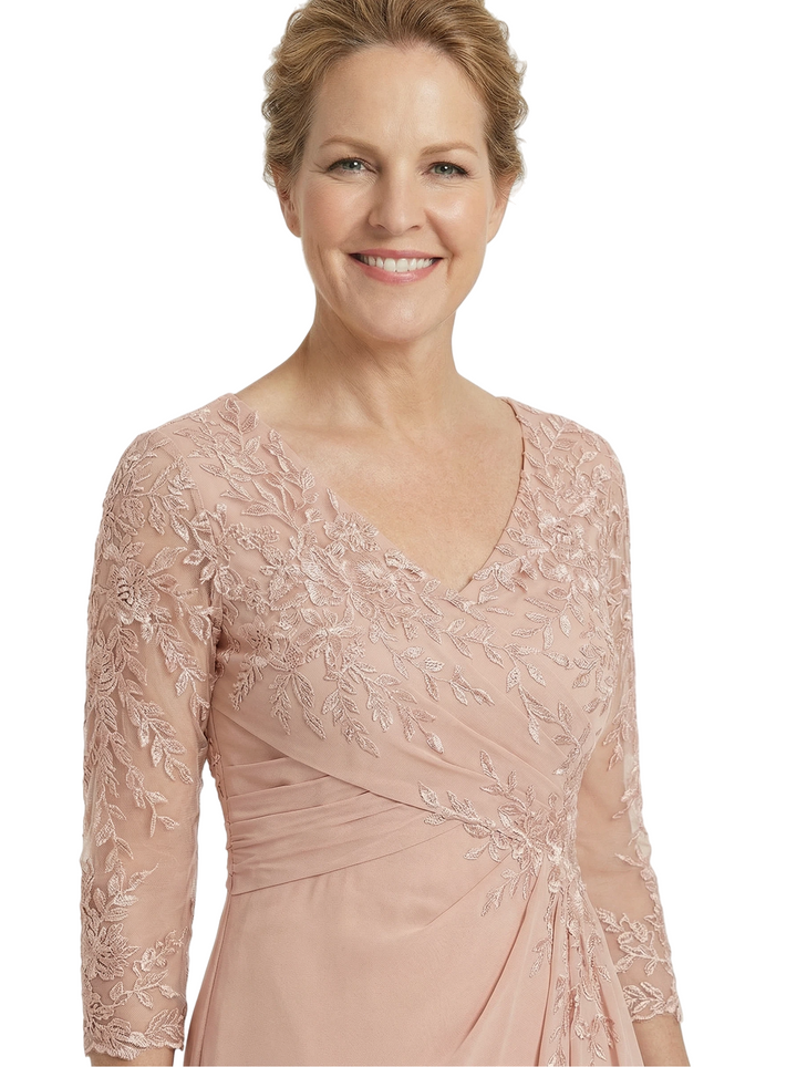 Chicsew Classy Mother of The Bride Dress V-Neck Lace 3/4 Sleeve Floor Length Chiffon Ruched Beautiful Formal Gown