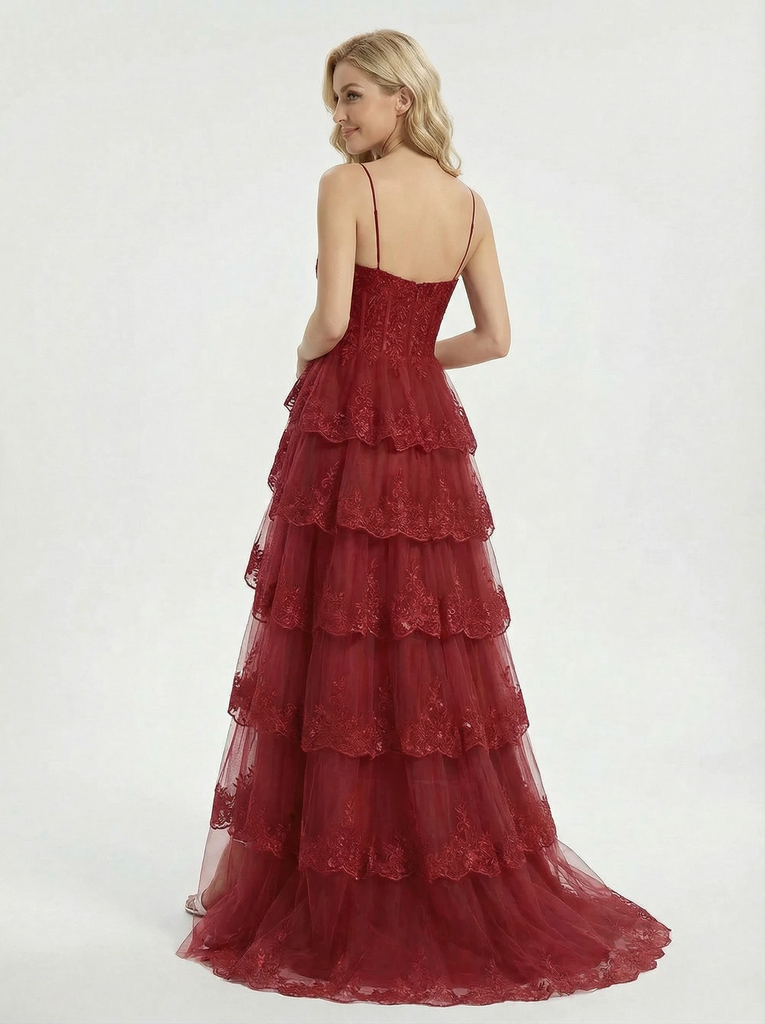 Modern Spaghetti Strap Prom Dress Tiered Lace Ruffle A-Line Tulle Long Formal Gown