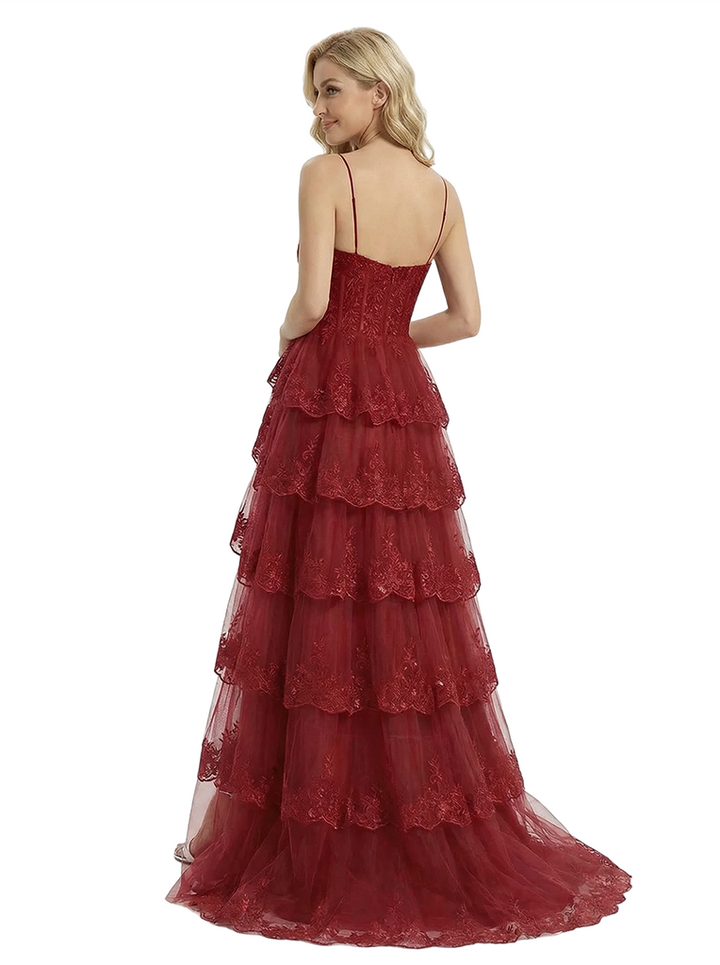 ChicSew Elegant Spaghetti Straps Prom Gown Lace Corset Tiered Tulle Ball Gown Floor Length Formal Evening Gown