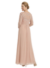 Chicsew Classy Mother of The Bride Dress V-Neck Lace 3/4 Sleeve Floor Length Chiffon Ruched Beautiful Formal Gown