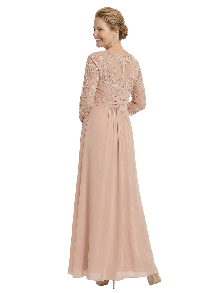 Chicsew Classy Mother of The Bride Dress V-Neck Lace 3/4 Sleeve Floor Length Chiffon Ruched Beautiful Formal Gown