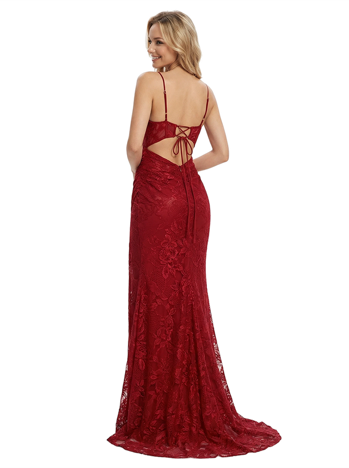 ChicSew Sexy Spaghetti Straps V-Neck Side Slit Corset Lace Mermaid Formal Prom Dresses