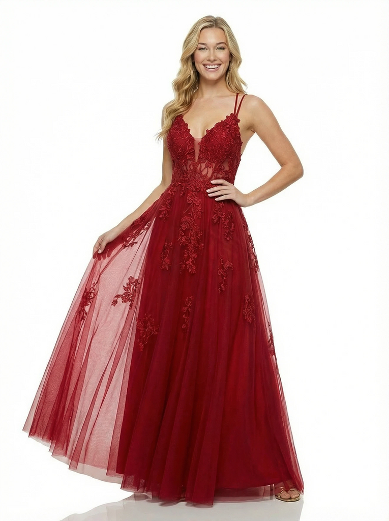 Beautiful V-Neck Prom Dress Sleeveless  Lace Tulle A-Line Formal Party Gown