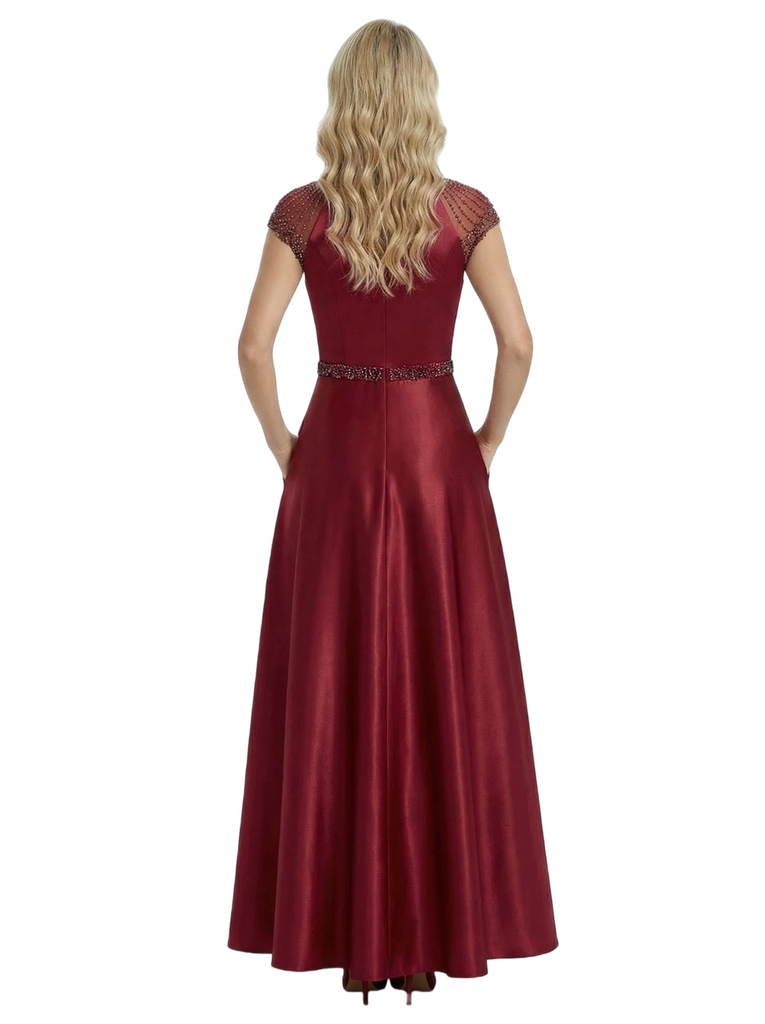 Elegant Scoop Cap Sleeve Satin A-Line Floor-Length For Mother Of The Bride with Pocket
